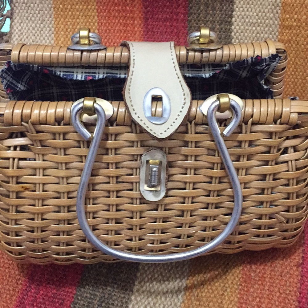1950-60s Vintage Wicker Metal Woven Basket Purse